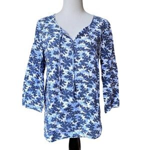 HIHO By Tortola Coral Reef Night Sky Blue Navy White 100% Linen Tunic Top Small